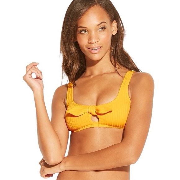 NWOT Xhilaration Golden Yellow 2 Piece Bikini Swimsuit Set w Rib Texture & Tie S - Picture 2 of 11
